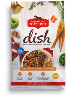 Rachael Ray Nutrish Dish Super Premium beef and brown rice dry dog food with images of cooked and uncooked beef, brown rice, carrots, green peas, potatoes, and a green apple
