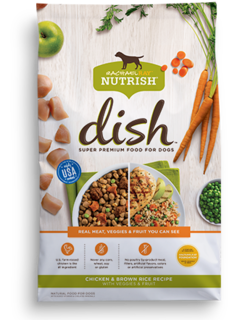 Rachael Ray Nutrish Dish Super Premium chicken and brown rice dry dog food with images of cooked and uncooked chicken meat, brown rice, carrots, green peas, and a green apple