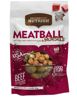 Rachael Ray® Nutrish® Meatball Morsels real meat beef dog treats in a white and red bag with an image of two pieces of raw beef and a clear section showing the golden-brown circular dog treats within