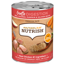 Rachael Ray® Nutrish® Gentle Digestion Chicken wet dog food in a silver can with a brown and pink label and images of cut raw chicken and salmon, brown rice, an apple slice, and two slices of pumpkin