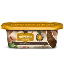 Rachael Ray® Nutrish® Chicken Muttballs with Pasta Dog Food Super Premium Wet dog food in a plastic container with a dark yellow lid and images of cubed chicken, orange carrots, green spinach, and a circular label with text on it stating "No Corn, Wheat, or Soy"