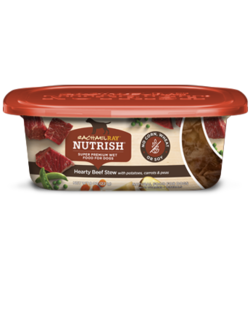 Rachael Ray® Nutrish® Hearty Beef Stew Dog Food Super Premium Wet dog food in a plastic container with a red lid and images of cubed beef, two green pea pods, and a circular label with text on it stating "No Corn, Wheat, or Soy"