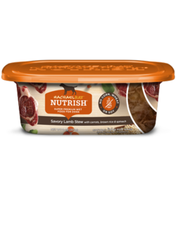 Rachael Ray® Nutrish® Savory Lamb Stew Dog Food Super Premium Wet dog food in a plastic container with an orange lid and images of lamb chops and a circular label with text on it stating "No Corn, Wheat, or Soy"