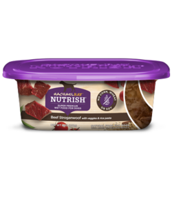 Rachael Ray® Nutrish® Beef Stroganwoof Dog Food Super Premium Wet dog food in a plastic container with a purple lid and images of cubed lamb and a circular label with text on it stating "No Corn, Wheat, or Soy"