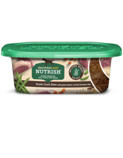 Rachael Ray® Nutrish® Rustic Duck Stew Dog Food Super Premium Wet dog food in a plastic container with a green lid and images of duck chops, five green pea pods, and a circular label with text on it stating "No Corn, Wheat, or Soy"