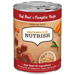 Rachael Ray® Nutrish® Real Beef and Pumpkin wet dog food in a silver can with a brown and red label and images of cut raw beef, two green pea pods, brown rice, an orange sliced carrot, and two slices of pumpkin