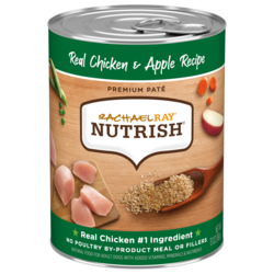 Rachael Ray® Nutrish® Real Chicken and Apple wet dog food in a silver can with a brown and green label and images of cut raw chicken, a green pea pod, brown rice, an apple slice, and a sliced orange carrot
